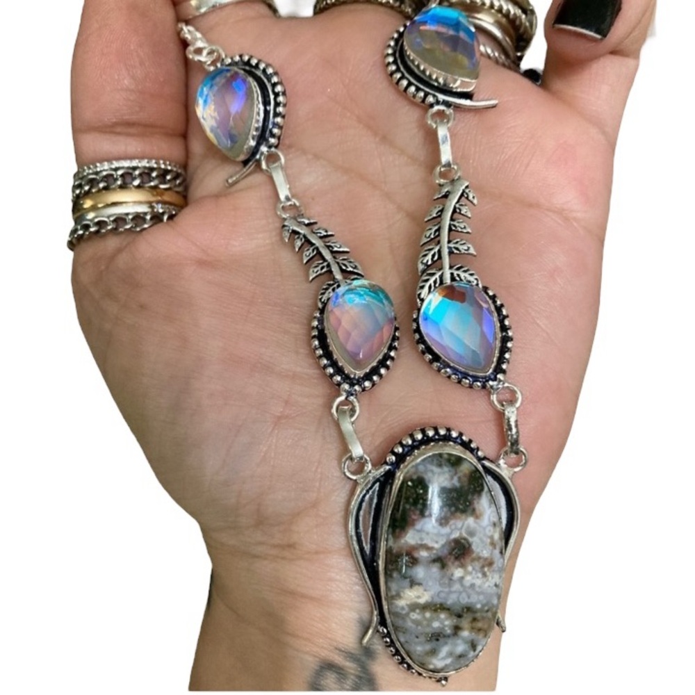 Ocean jasper iridescent opalite stones boho leaf design set necklace + earrings - Picture 7 of 16